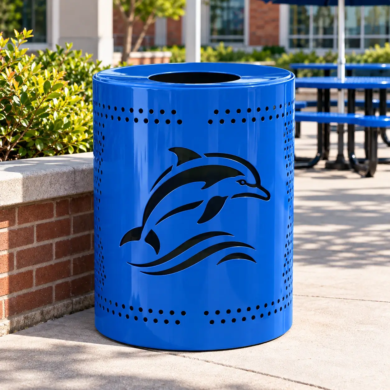 Blue perforated outdoor trash receptacle customized with a dolphin logo in a school courtyard with matching blue picnic tables